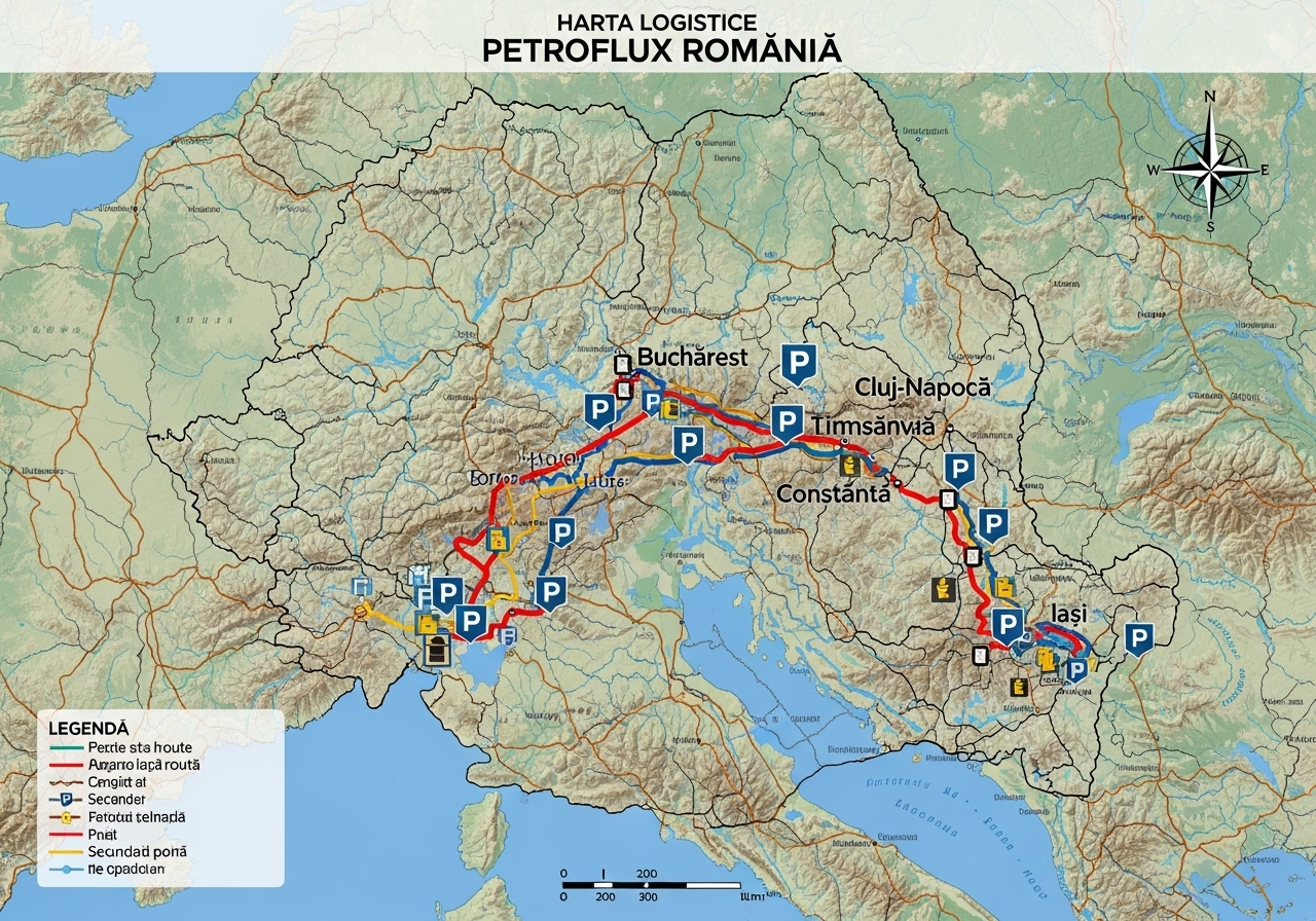 Harta României cu rute și hub-uri logistice Petroflux