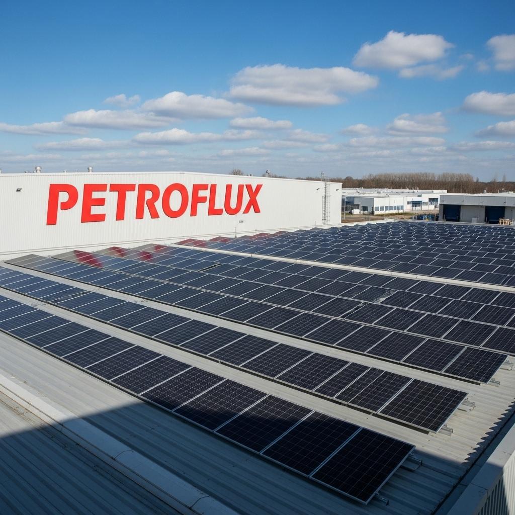 Panouri solare instalate pe acoperișul unui depozit Petroflux
